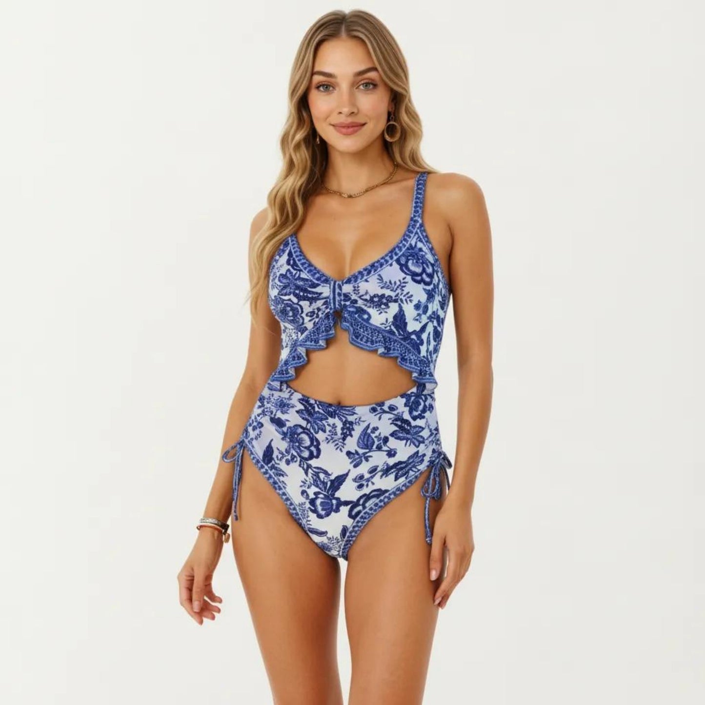 One Piece Swimsuit with Ruffle Trim Front Tie Detail and High Waisted Bottom