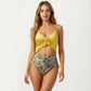 One Piece Swimsuit with Ruffle Trim Front Tie Detail and High Waisted Bottom
