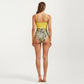 One Piece Swimsuit with Ruffle Trim Front Tie Detail and High Waisted Bottom