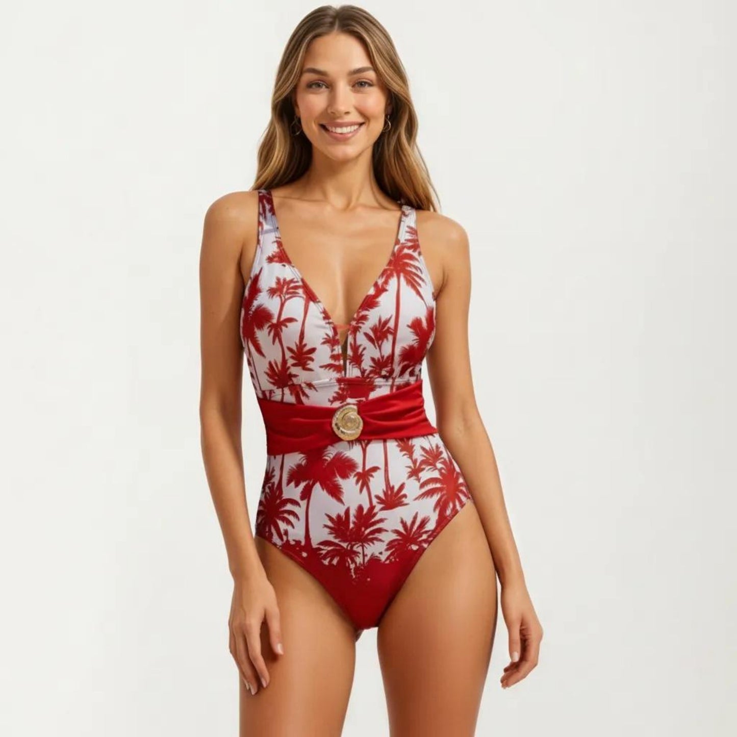 One Piece Swimsuit with Palm Tree Print V Neck Wide Strap Waist Detail Slim Fit