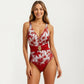 One Piece Swimsuit with Palm Tree Print V Neck Wide Strap Waist Detail Slim Fit