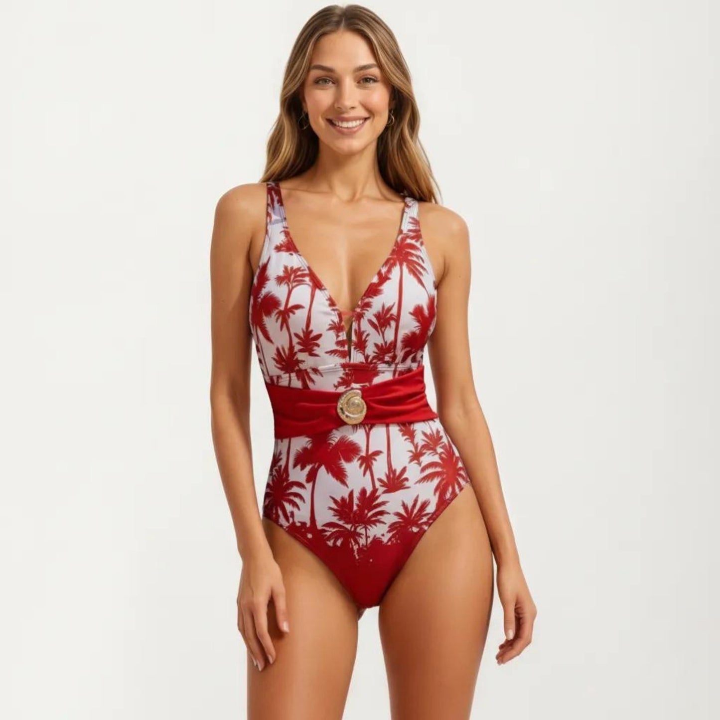 One Piece Swimsuit with Palm Tree Print V Neck Wide Strap Waist Detail Slim Fit