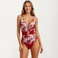 One Piece Swimsuit with Palm Tree Print V Neck Wide Strap Waist Detail Slim Fit