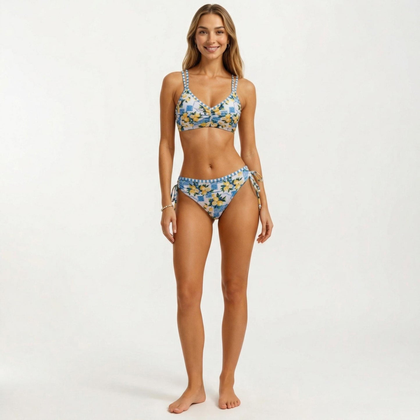 2-Piece Bikini Set with Double Strap Top Side Tie Bottom Floral Print V Neck Adjustable Fit