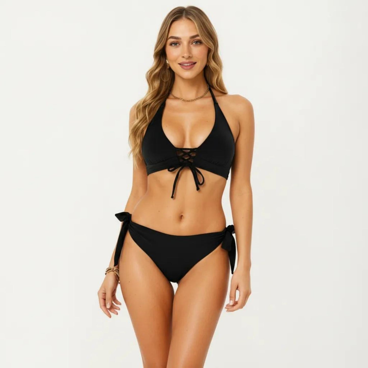 2-Piece Bikini Set with Lace Up Front Tie Top Halter Neck Side Tie Bottom Adjustable Fit