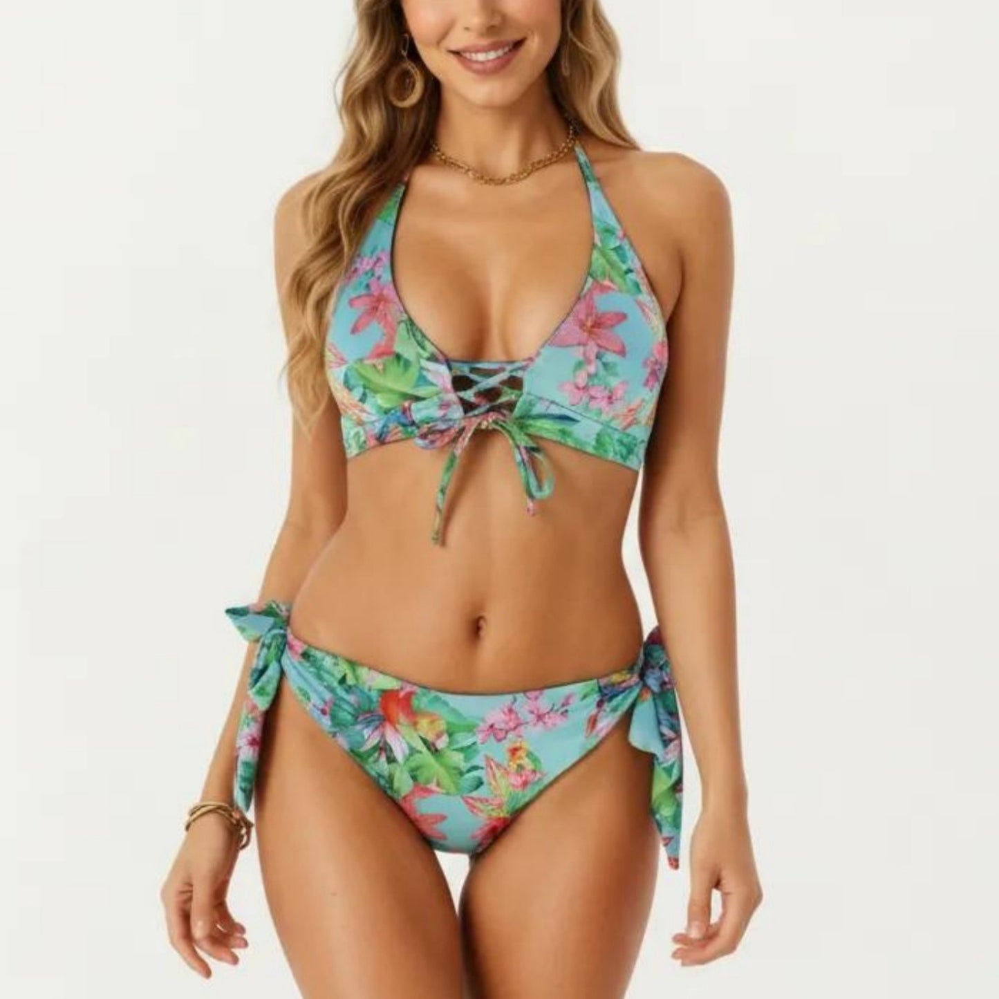 2-Piece Bikini Set with Lace Up Front Tie Top Halter Neck Side Tie Bottom Adjustable Fit