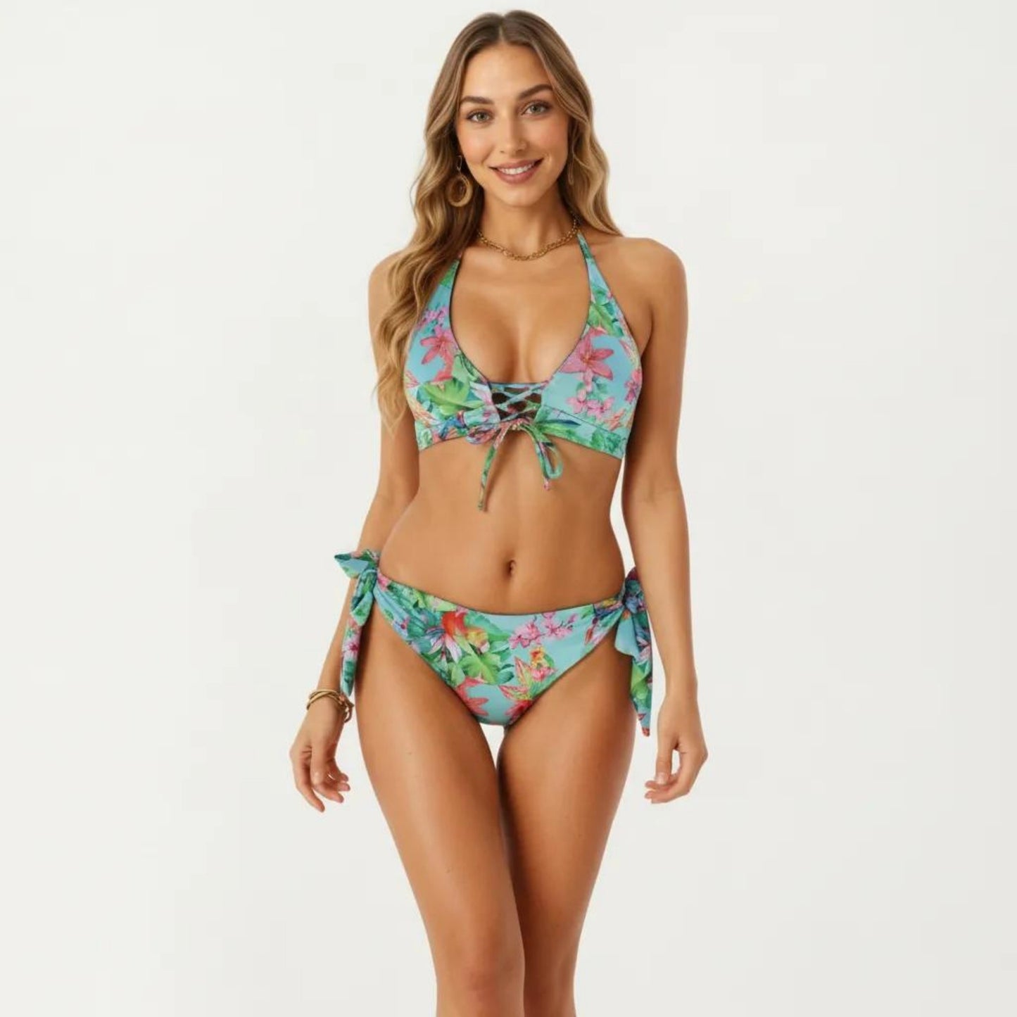 2-Piece Bikini Set with Lace Up Front Tie Top Halter Neck Side Tie Bottom Adjustable Fit