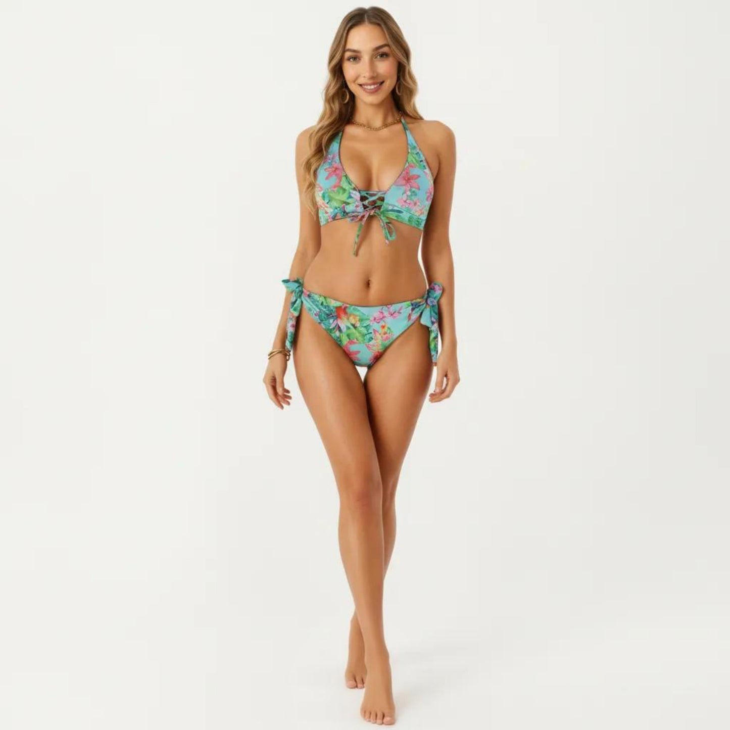 2-Piece Bikini Set with Lace Up Front Tie Top Halter Neck Side Tie Bottom Adjustable Fit