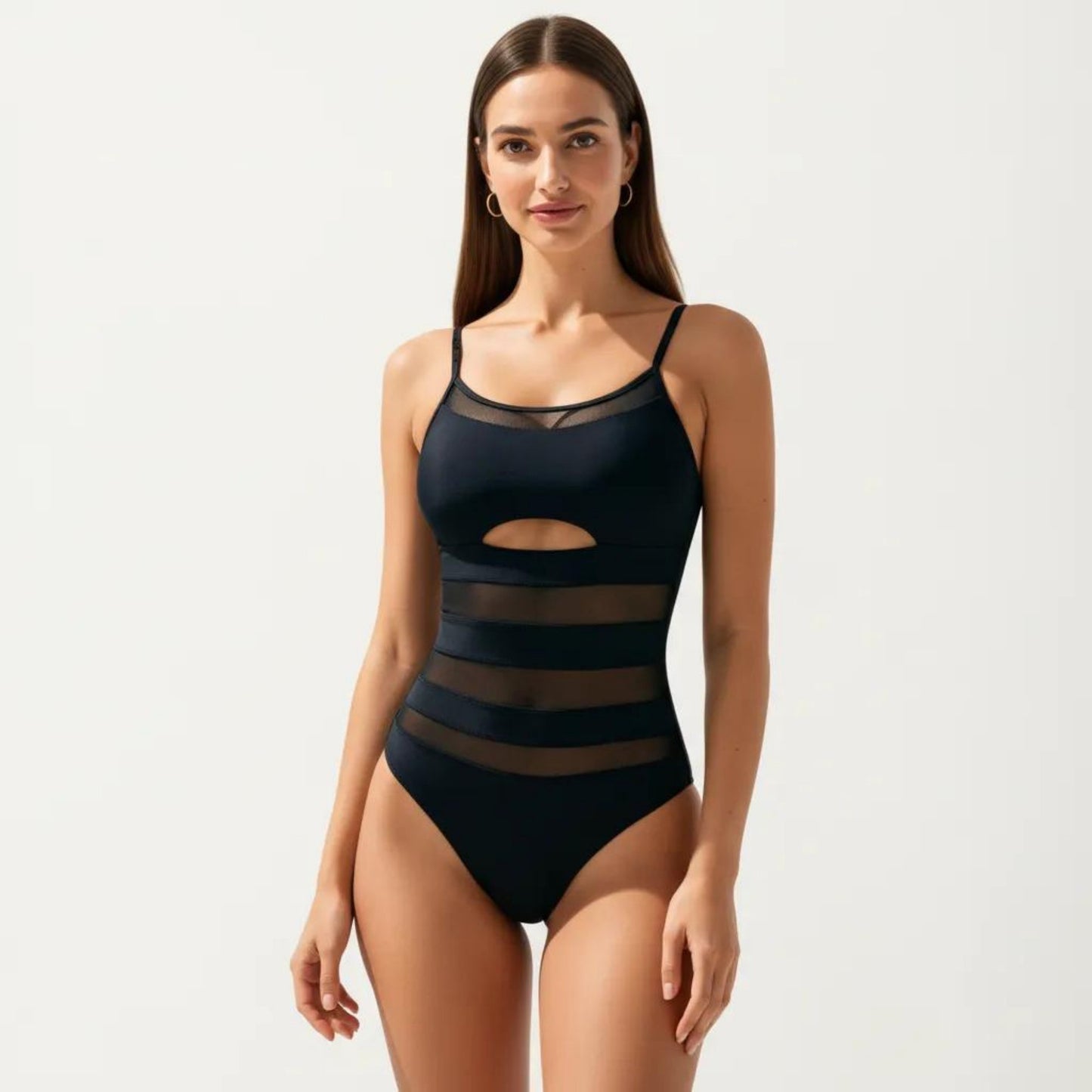 One Piece Swimsuit with Mesh Panel Cutout Design Scoop Neck Adjustable Straps Slim Fit