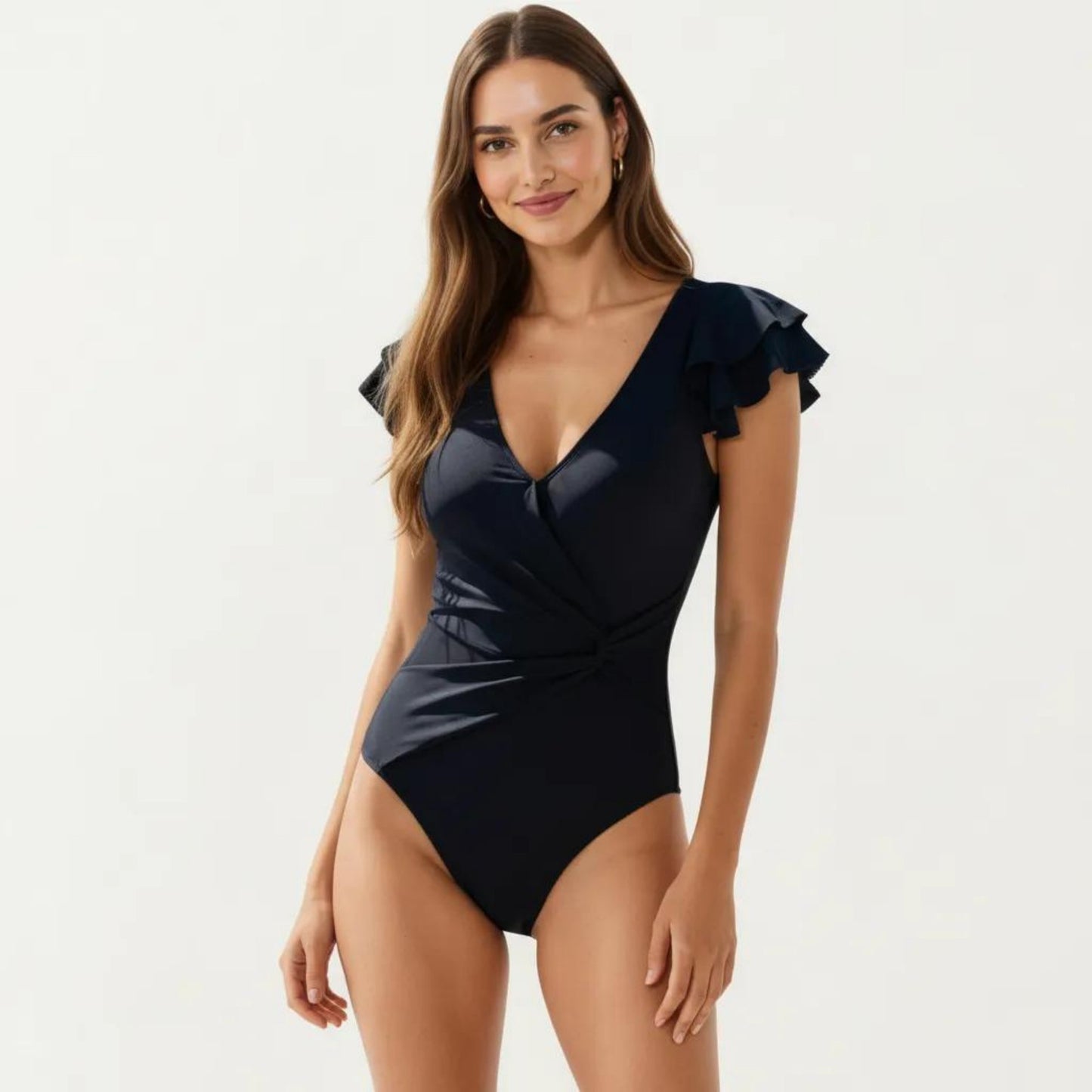 One Piece Swimsuit with Wrap Front V Neck Ruffle Sleeve Design Ruched Waist Slim Fit