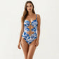 One Piece Swimsuit with Cutout Design Gold Ring Detail Shell Print Structured Fit