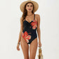 One Piece Swimsuit with Sweetheart Neck Front Drawstring Detail Floral Print Slim Fit