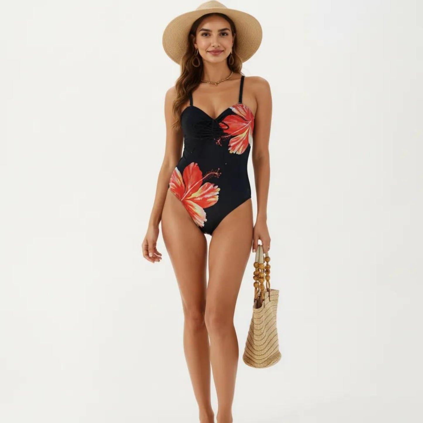 One Piece Swimsuit with Sweetheart Neck Front Drawstring Detail Floral Print Slim Fit