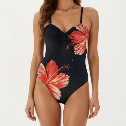 One Piece Swimsuit with Sweetheart Neck Front Drawstring Detail Floral Print Slim Fit