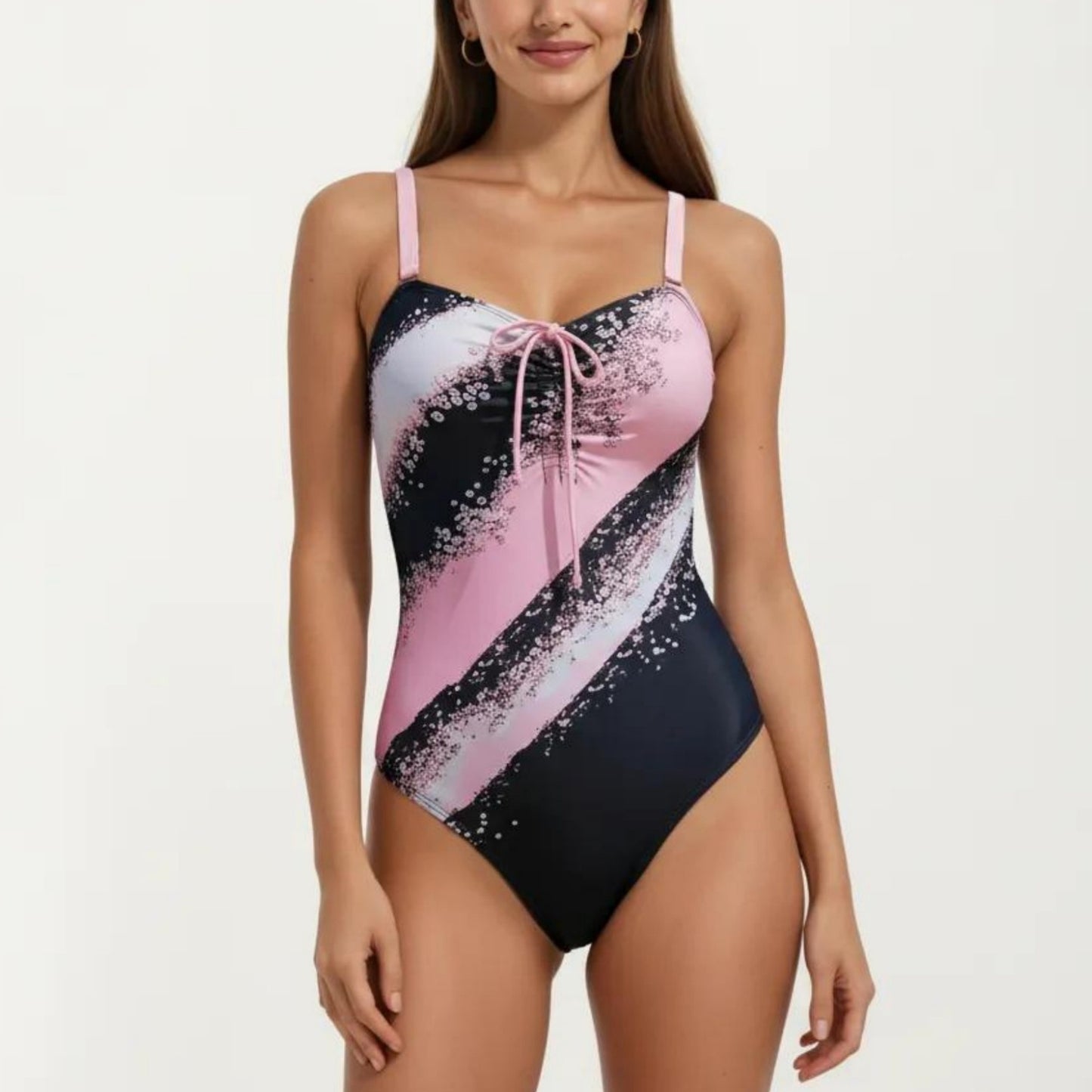 One Piece Swimsuit with Sweetheart Neck Front Drawstring Detail Floral Print Slim Fit