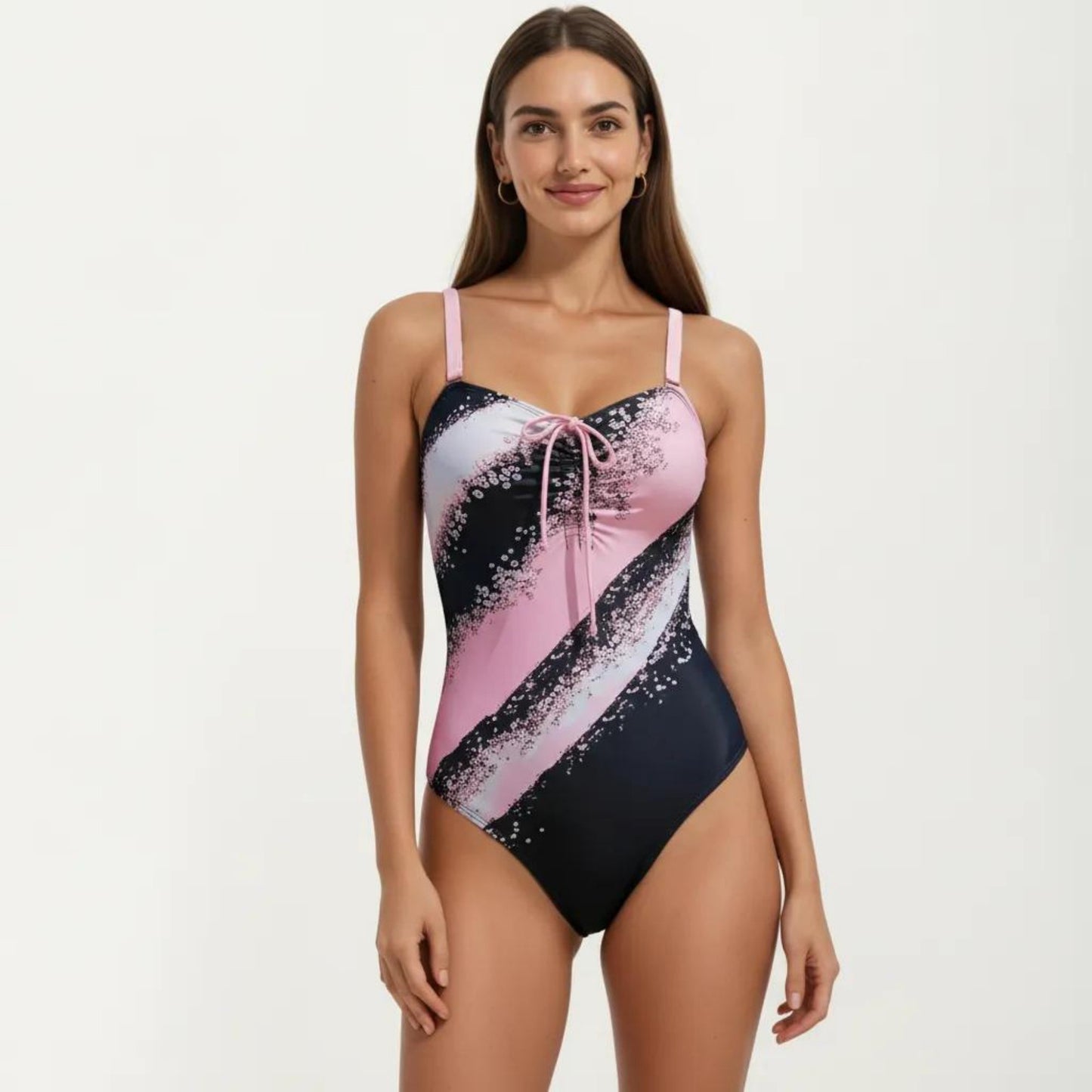 One Piece Swimsuit with Sweetheart Neck Front Drawstring Detail Floral Print Slim Fit