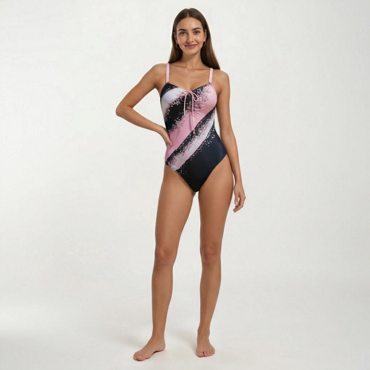 One Piece Swimsuit with Sweetheart Neck Front Drawstring Detail Floral Print Slim Fit