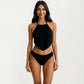 2-Piece Halter Bikini Set with High Neck Handkerchief Top Pom Trim Detail Tie Back Bottom
