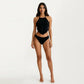 2-Piece Halter Bikini Set with High Neck Handkerchief Top Pom Trim Detail Tie Back Bottom