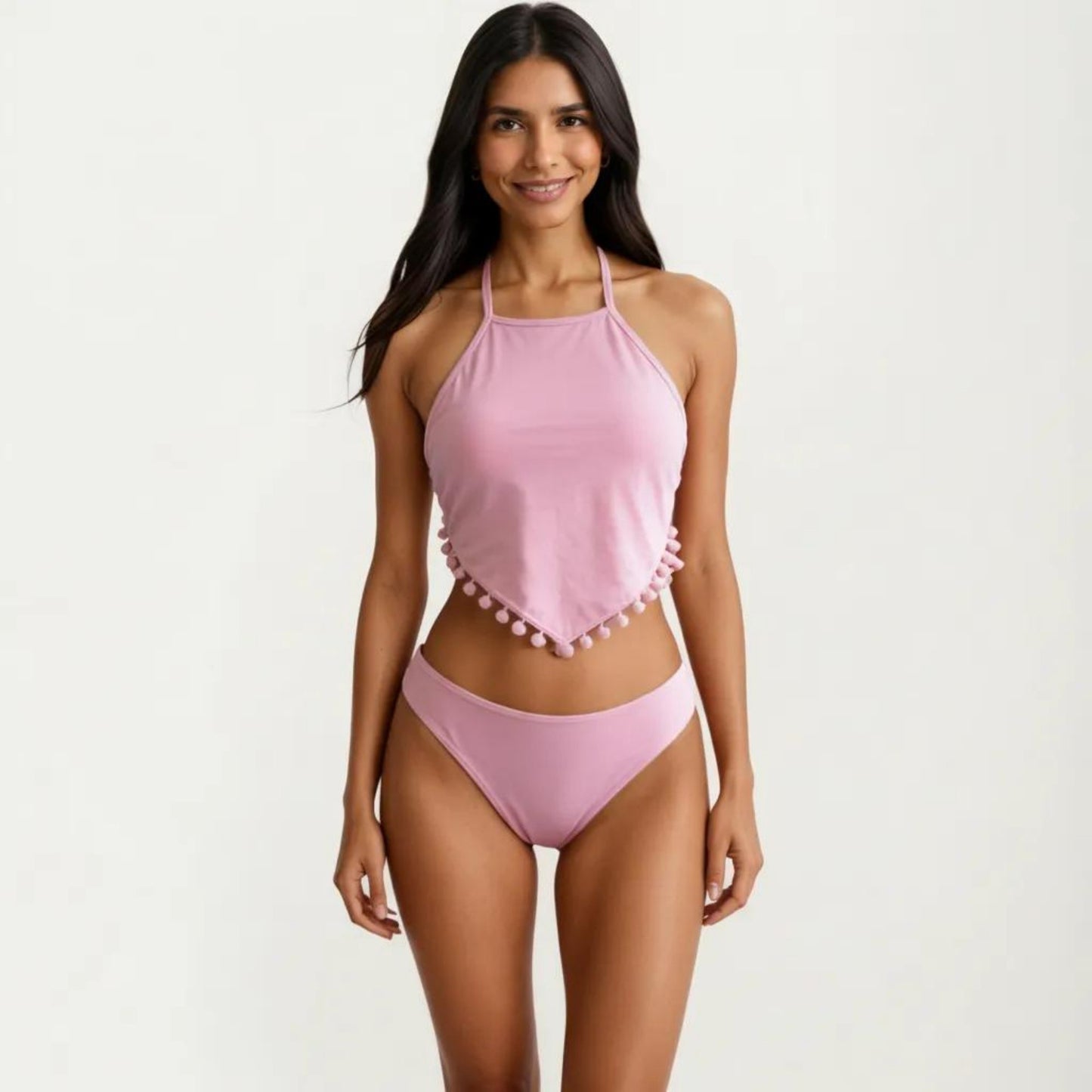 2-Piece Halter Bikini Set with High Neck Handkerchief Top Pom Trim Detail Tie Back Bottom