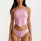 2-Piece Halter Bikini Set with High Neck Handkerchief Top Pom Trim Detail Tie Back Bottom