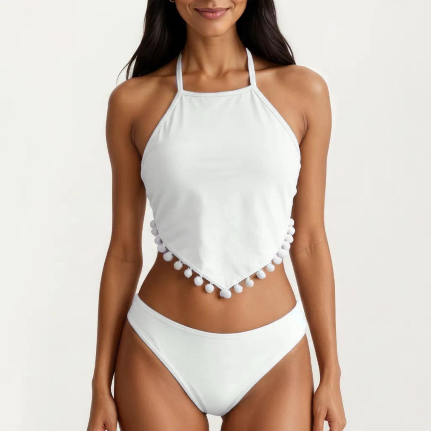 2-Piece Halter Bikini Set with High Neck Handkerchief Top Pom Trim Detail Tie Back Bottom