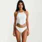 2-Piece Halter Bikini Set with High Neck Handkerchief Top Pom Trim Detail Tie Back Bottom