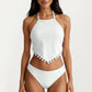 2-Piece Halter Bikini Set with High Neck Handkerchief Top Pom Trim Detail Tie Back Bottom