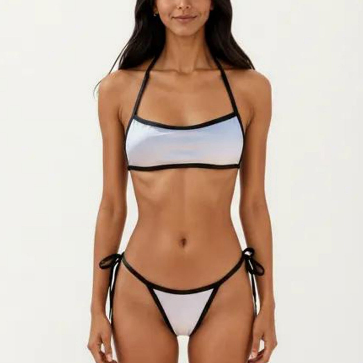 2-Piece Bikini Set with Straight Neck Sporty Top Contrast Trim Design Tie Side Bottom