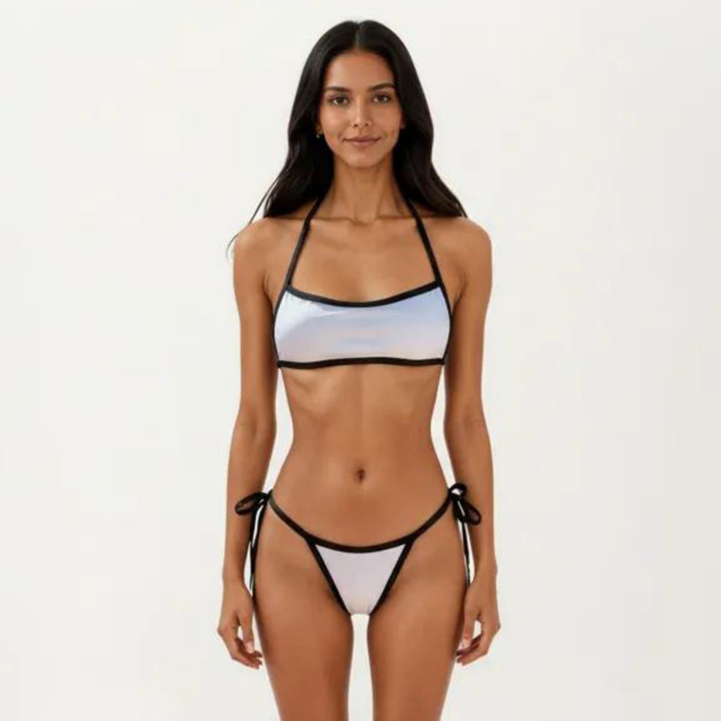 2-Piece Bikini Set with Straight Neck Sporty Top Contrast Trim Design Tie Side Bottom