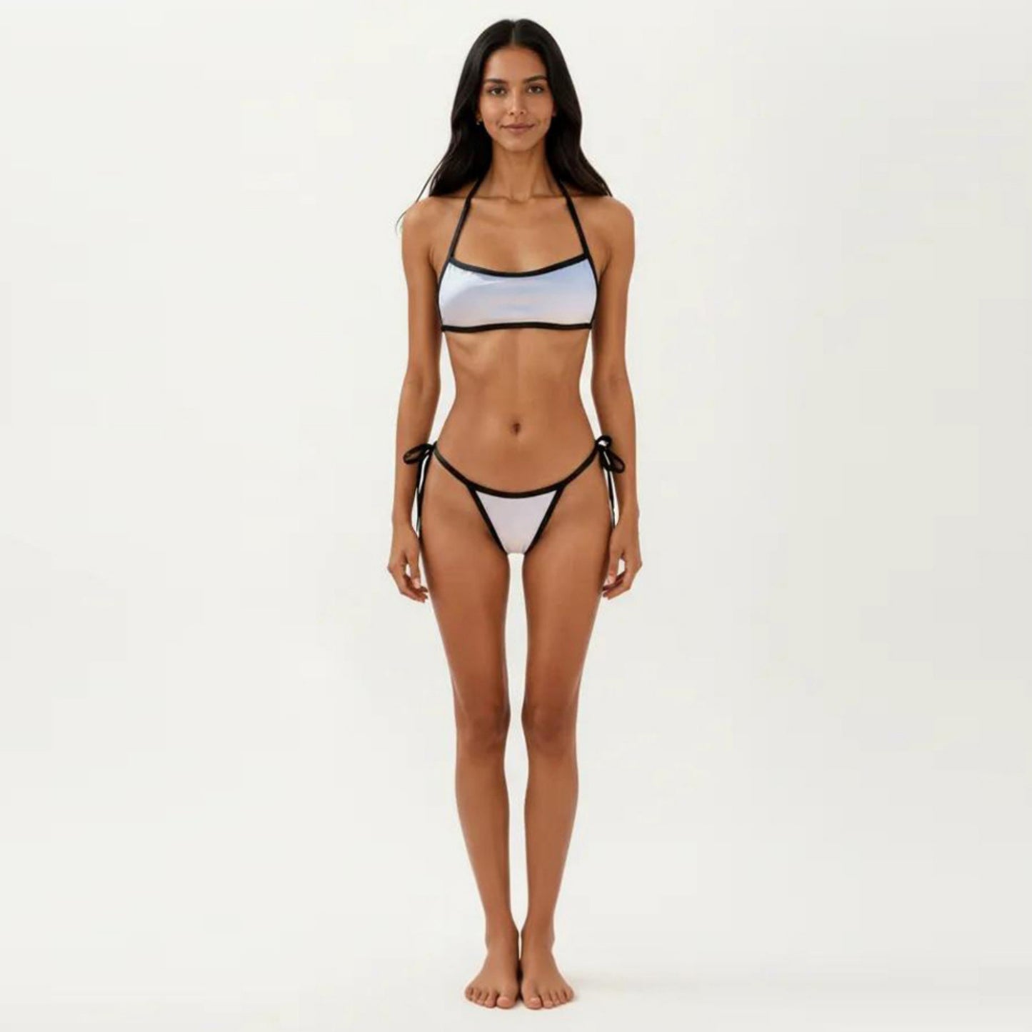 2-Piece Bikini Set with Straight Neck Sporty Top Contrast Trim Design Tie Side Bottom