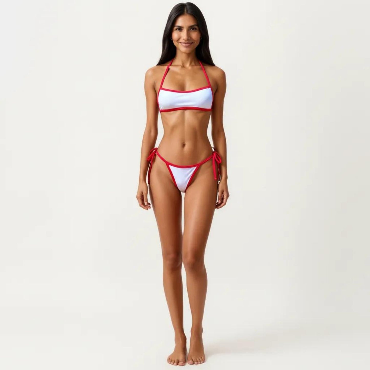 2-Piece Bikini Set with Straight Neck Sporty Top Contrast Trim Design Tie Side Bottom