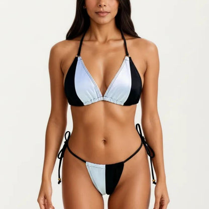 2-Piece Triangle Bikini Set with Adjustable Tie Side Bottom Halter Strap Top