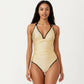 One Piece Swimsuit with V Neck Trim Detail Double Strap Design Ruched Waist Slim Fit