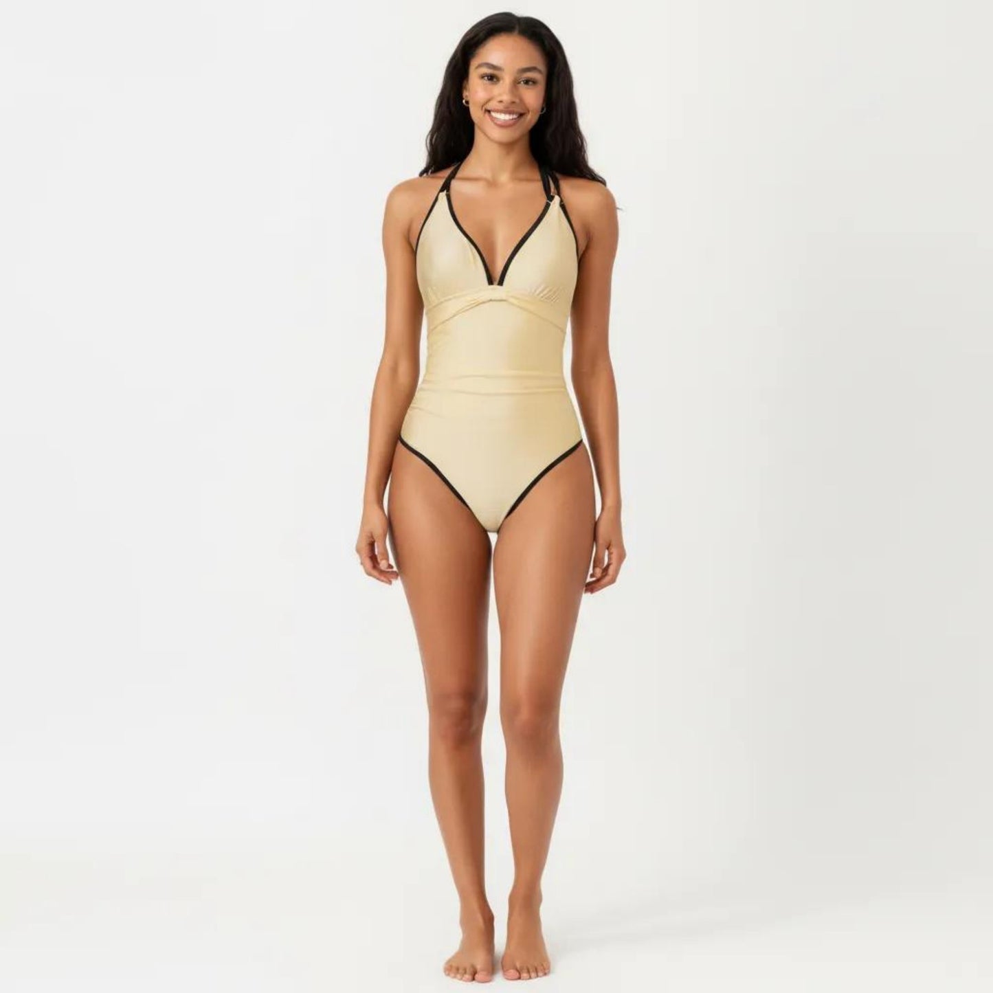 One Piece Swimsuit with V Neck Trim Detail Double Strap Design Ruched Waist Slim Fit