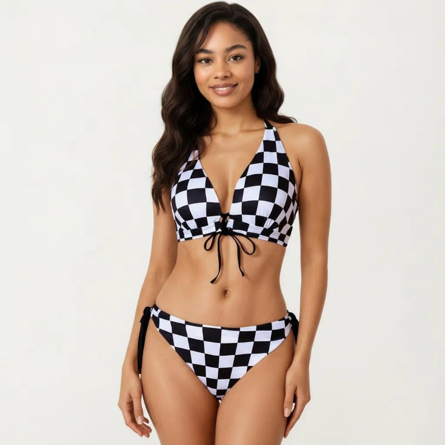 2-Piece Bikini Set with Halter Triangle Top Front Tie Detail Tie Side Bottom Checkered Print