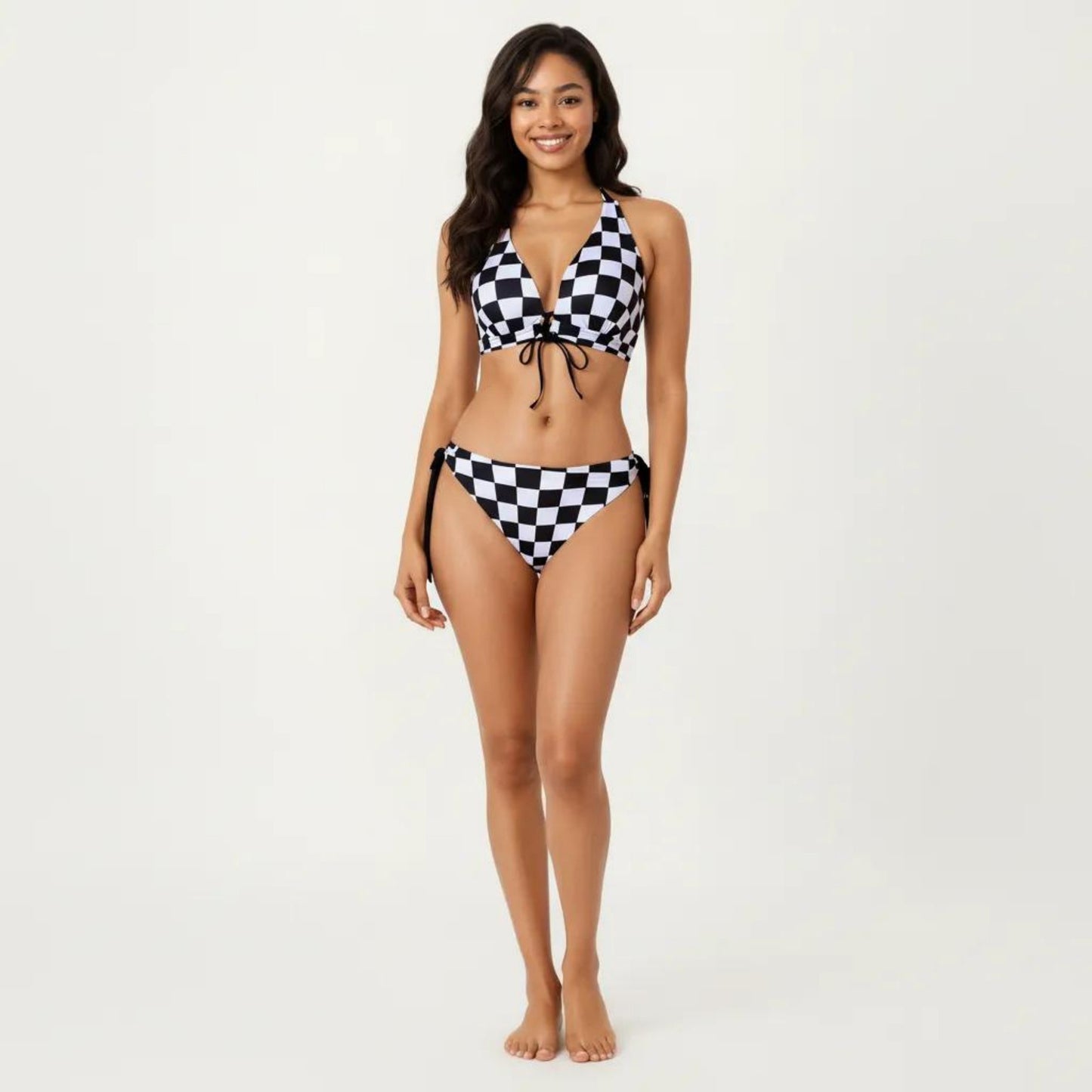 2-Piece Bikini Set with Halter Triangle Top Front Tie Detail Tie Side Bottom Checkered Print