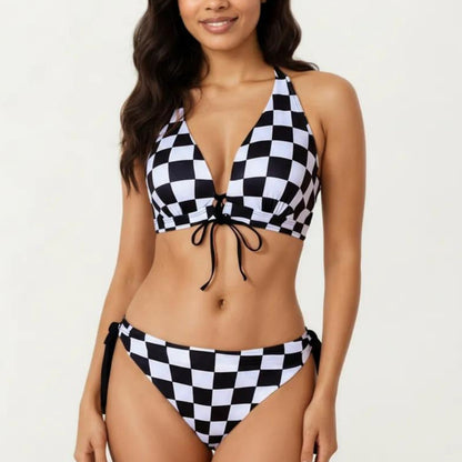 2-Piece Bikini Set with Halter Triangle Top Front Tie Detail Tie Side Bottom Checkered Print