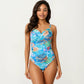 One Piece Swimsuit with Wrap Front Design Ruched Waist Adjustable Strap Tropical Print
