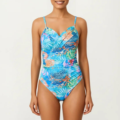 One Piece Swimsuit with Wrap Front Design Ruched Waist Adjustable Strap Tropical Print