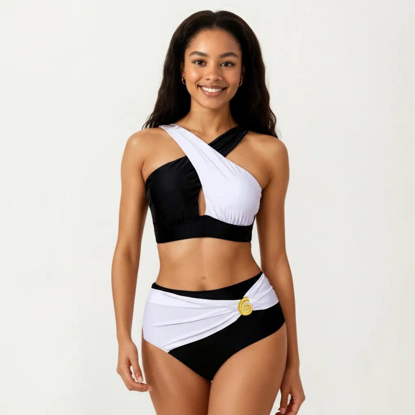 2-Piece Bikini Set with Cross Front Strap Color Block Top Cutout Detail High Waisted Bottom