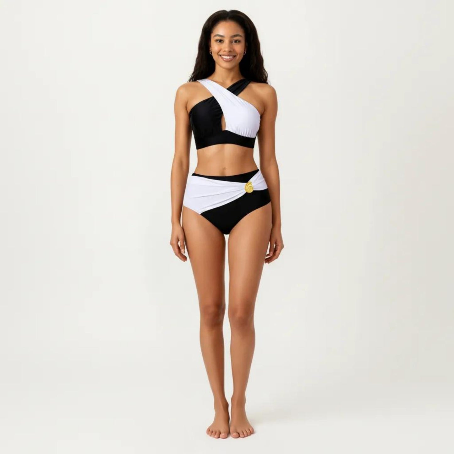 2-Piece Bikini Set with Cross Front Strap Color Block Top Cutout Detail High Waisted Bottom