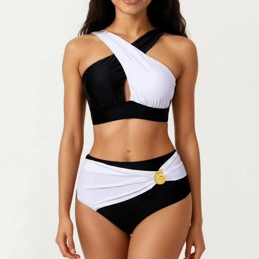 2-Piece Bikini Set with Cross Front Strap Color Block Top Cutout Detail High Waisted Bottom