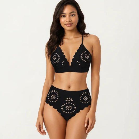 2-Piece Bikini Set with Scalloped Trim Laser Cut Design Triangle Top High Waisted Bottom
