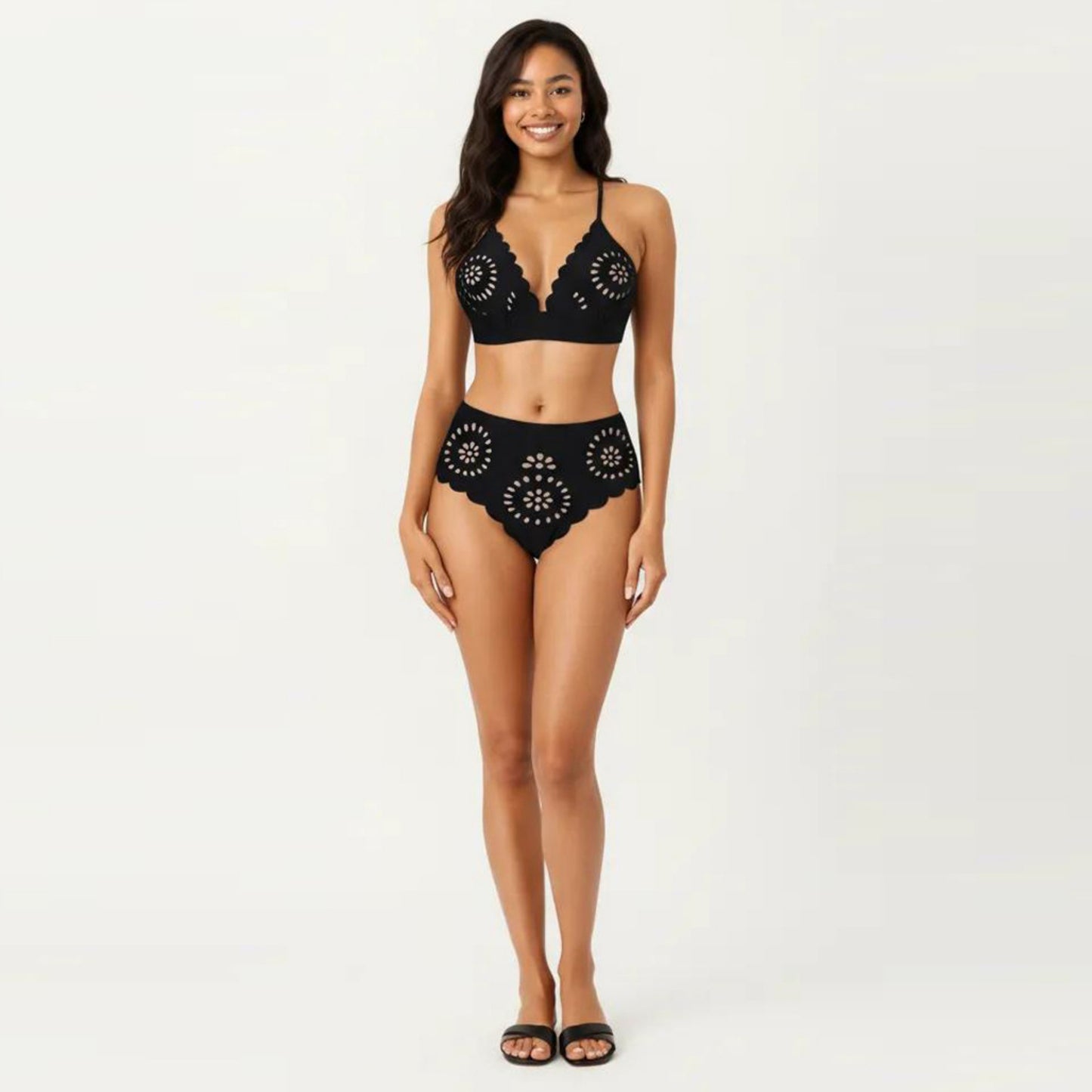 2-Piece Bikini Set with Scalloped Trim Laser Cut Design Triangle Top High Waisted Bottom