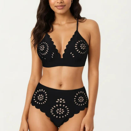 2-Piece Bikini Set with Scalloped Trim Laser Cut Design Triangle Top High Waisted Bottom
