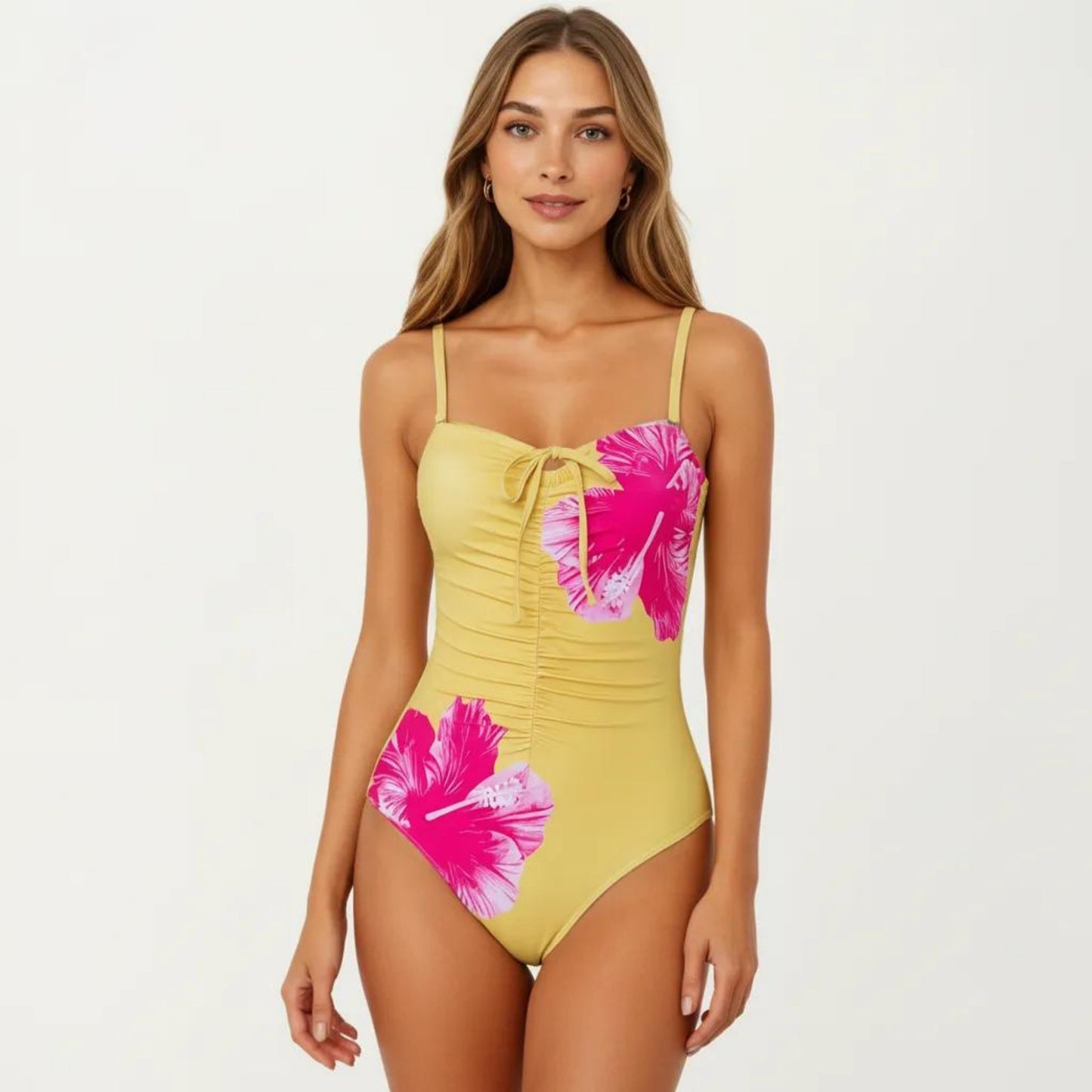 One Piece Swimsuit with Sweetheart Neck Front Tie Detail Ruched Waist Floral Print