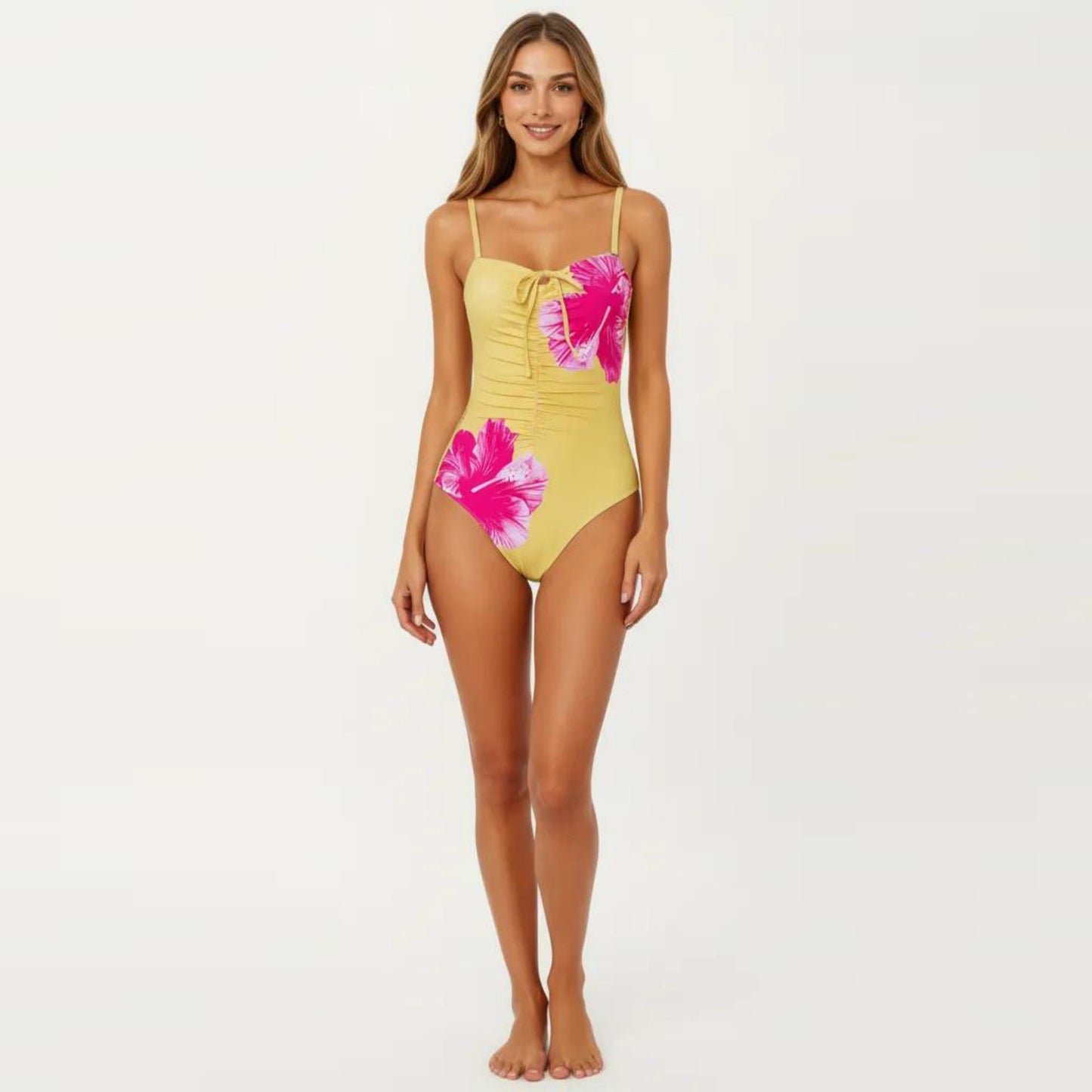 One Piece Swimsuit with Sweetheart Neck Front Tie Detail Ruched Waist Floral Print