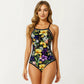 One Piece Swimsuit with High Neck Floral Print Design Contrast Trim Slim Fit Stretch Fabric