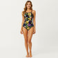 One Piece Swimsuit with High Neck Floral Print Design Contrast Trim Slim Fit Stretch Fabric